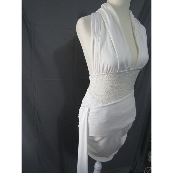 White Halter Mini Dress Lace Waist Ruched Skirt Cocktail Party Small - Picture 3 of 6